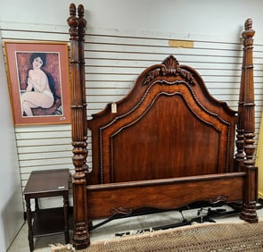 King Poster Bed 7'6"H X 81 1/2"W W/2 Tier Side Stand 24 1/2"H X 20"W X 15 1/2"D + Framed Modigliani