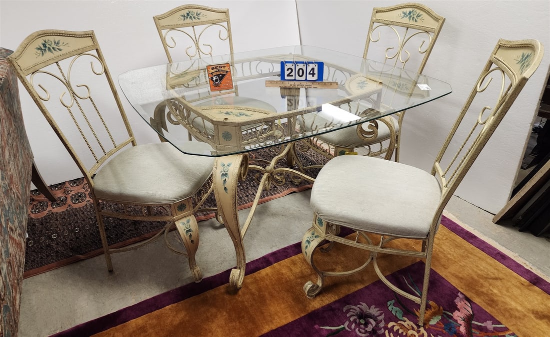 Ptd Wrought Glass Top Table 31"H X 48" Sq X 34" W/ 4 Chairs: Ptd Wrought Glass Top Table 31"H X 48" Sq X 34" W/ 4 Chairs