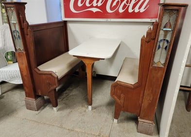Deco Banquette Booth W/ Illuminated End Stained Glass Panels + Glass Top Table Ends 50"H X 18"W X