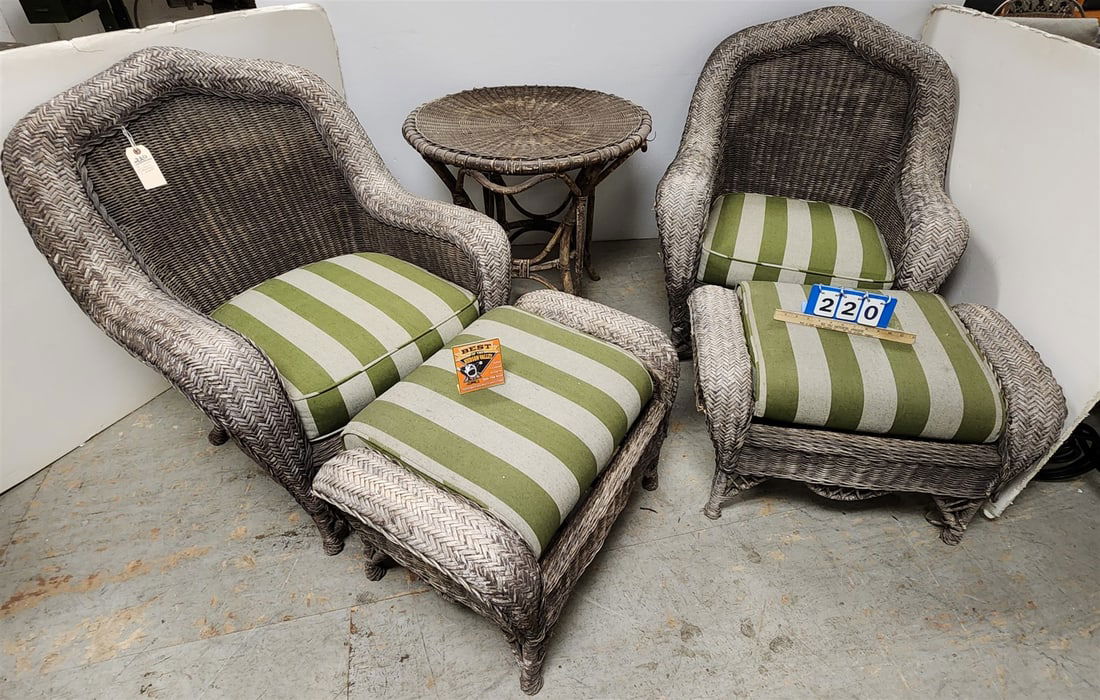 Pr Wicker Armchairs + Ottomans W/ Table 29"H X 29 1/2" Diam (1 of 2)