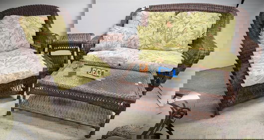 Plasrtic Wicker Sofa 39"H X 5'1"W Rocker W/ Ottoman Coffee Table 17 1/2"H X 42"W X 22"D + Side Stand