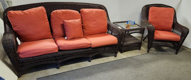Plastic Wicker Sofa 40"H X 7'1"WX 20"D W/ Armchair + Side Table 24"H x 22" Sq orange fabric