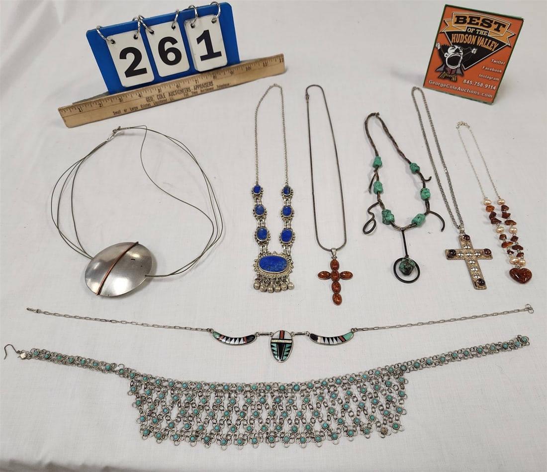 Lot Sterl Necklaces W/ Turq, Amber, Lapis 7.02 Ozt: Lot Sterl Necklaces W/ Turq, Amber, Lapis 7.02 Ozt