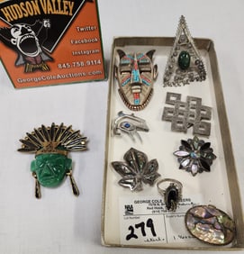 Lot Sterl Pins, Ring + Pill Bx + Face Pins 1 W/ Carved Stone 1.96 Ozt