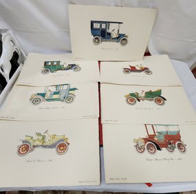 Folio W/ 7-14" X 22 1/2" Vintage Handcolored Car Prints + 5- 8" X 10" By Clarence M. Hornung