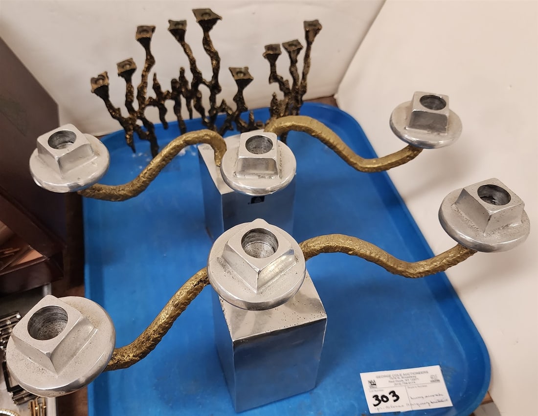 Tray Pr Brutalist Alfoneo Marquez Candelabra 8 1/2" + Bronze 9 Arm Menorah 7 3/4" X 13 1/2" (1 of 7)