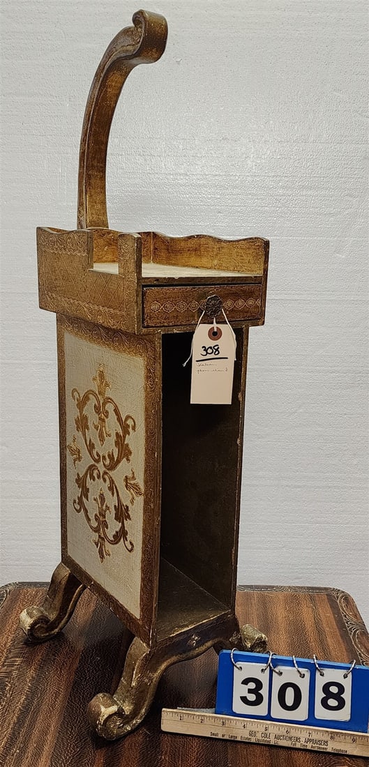 Gilt + Ptd Italian 1 Drawer Phone Stand 33"H X 7"W X 11"D: Gilt + Ptd Italian 1 Drawer Phone Stand 33"H X 7"W X 11"D