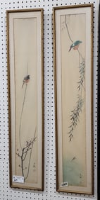 Pr Framed Japanese Ptgs On Silk 37 1/2" X 5 1/2"