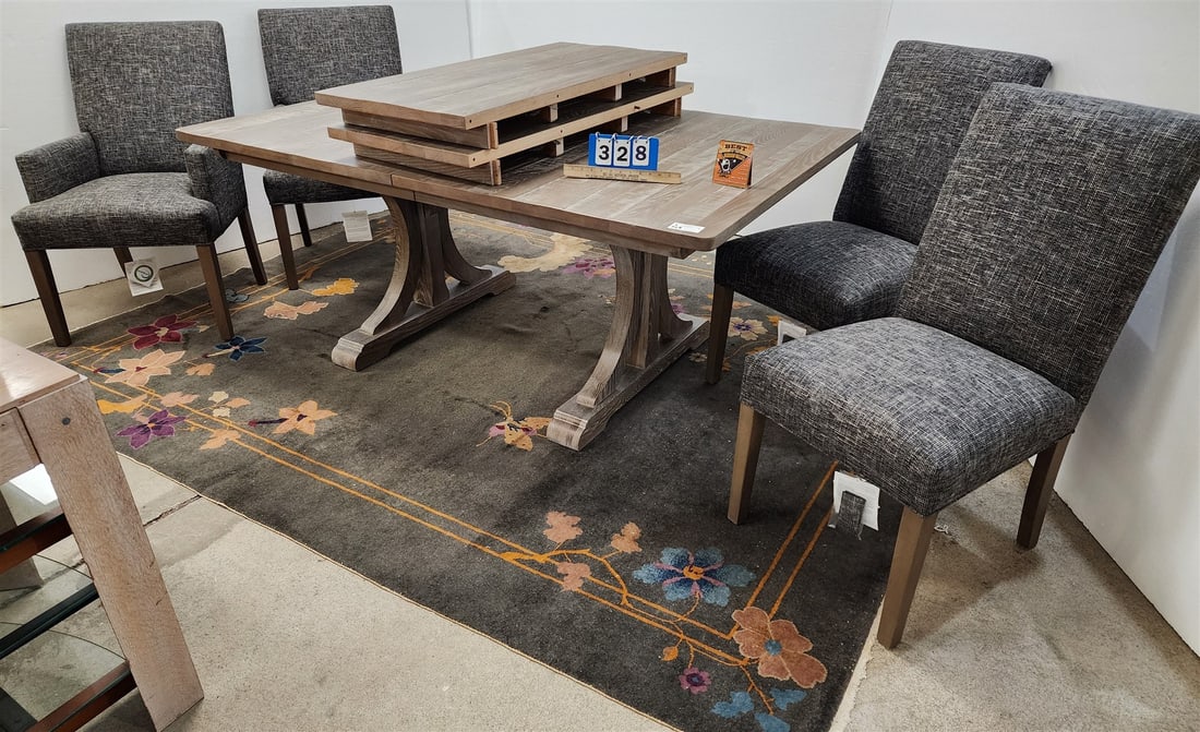 New Ethan Allen Oak Double Ped Dining Table W/ 2 Leaves 6'L X 44"W W/ 4 Uphols Chairsw/tags (1 of 4)