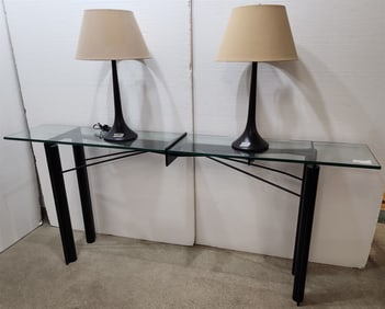 Wrought Console Table W/ Glass Top 33 1/2"H X 79 1/2"W +14"D W/ 2 Black Metal Lamps