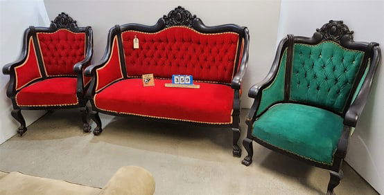 C1915 3 Pc Carved Mahog Parlor Set Sofa 44"H X 54"W X 21"D, + Pr Armchairs