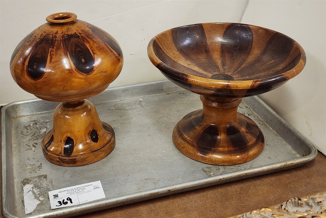 Tray 2 Turned Wooden Pcs Compote 6 1/2"H X 9" Diam + Whimsey 9"H X 6" Diam: Tray 2 Turned Wooden Pcs Compote 6 1/2"H X 9" Diam + Whimsey 9"H X 6" Diam