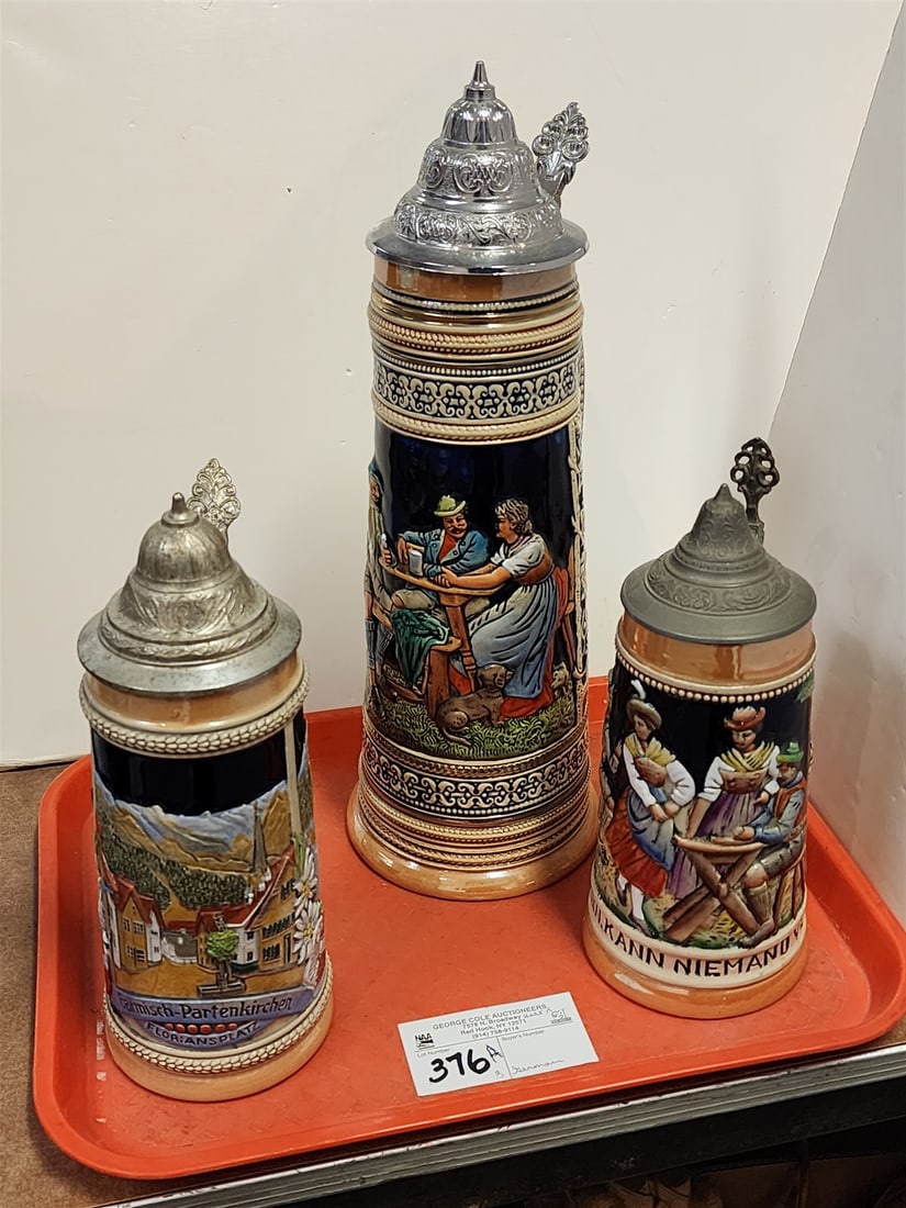 Tray 3 German Steins 13 1/2", 9 1/2" + 8 1/2" (1 of 4)