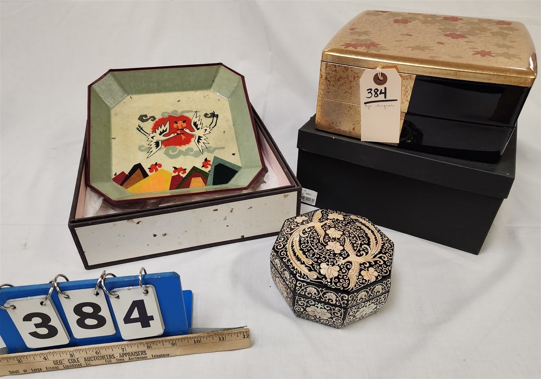 Lot 3 Pcs Lacquer- 2 Bxs 4 1/2"H X 9" Sq, Octagonal MOP Inlay 3"H X 5" Diam, Bowl 2"H X 10 1/2" Sq (1 of 6)