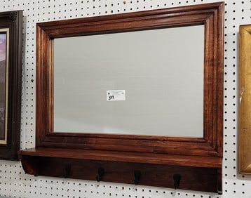 Wooden Shelf + Mirror W/ Coat Hooks 24"H X 28"W X 5"D