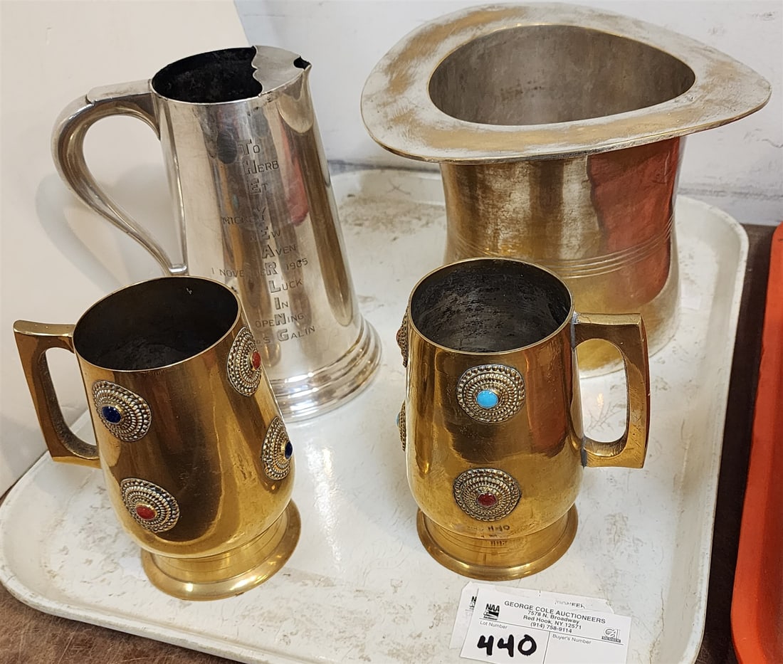 Tray- Pr Brass Gem Mounted Mugs, Silverplate Pitcher "The Yearling" Pitcher And Top Hat Ice Bucket (1 of 4)