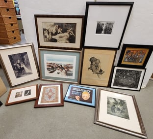 Bx 11 Framed Items- Ptg, Engr, Etching, Photos, Lithos