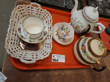 Tray Tea Pots Gien Franco, England, + Tea Cups/Saucers Wedgwood Chinese Flowers Etc