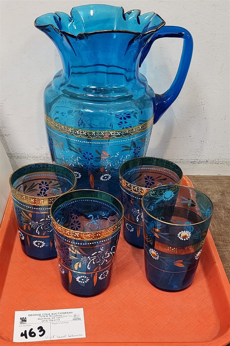 Tray Vict Hand Blown Blue Glass Pitcher W/ Enameling + 4 Glasses (1 of 1)