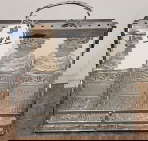 Chrome Basket W/ 3 Pressed Glass Decanters