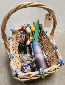 Basket W/ Ceramic Vase W/ Wooden Flowers Inlaid Globe Paper Weight Etc