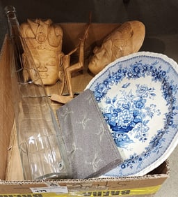 Bx Mason's Platter 13" Diam, Chinese Table Screen 9"H X 37"L, African Sculpture 12", Pr Ceramic