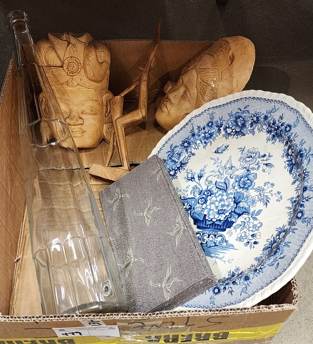 Bx Mason's Platter 13" Diam, Chinese Table Screen 9"H X 37"L, African Sculpture 12", Pr Ceramic (1 of 3)