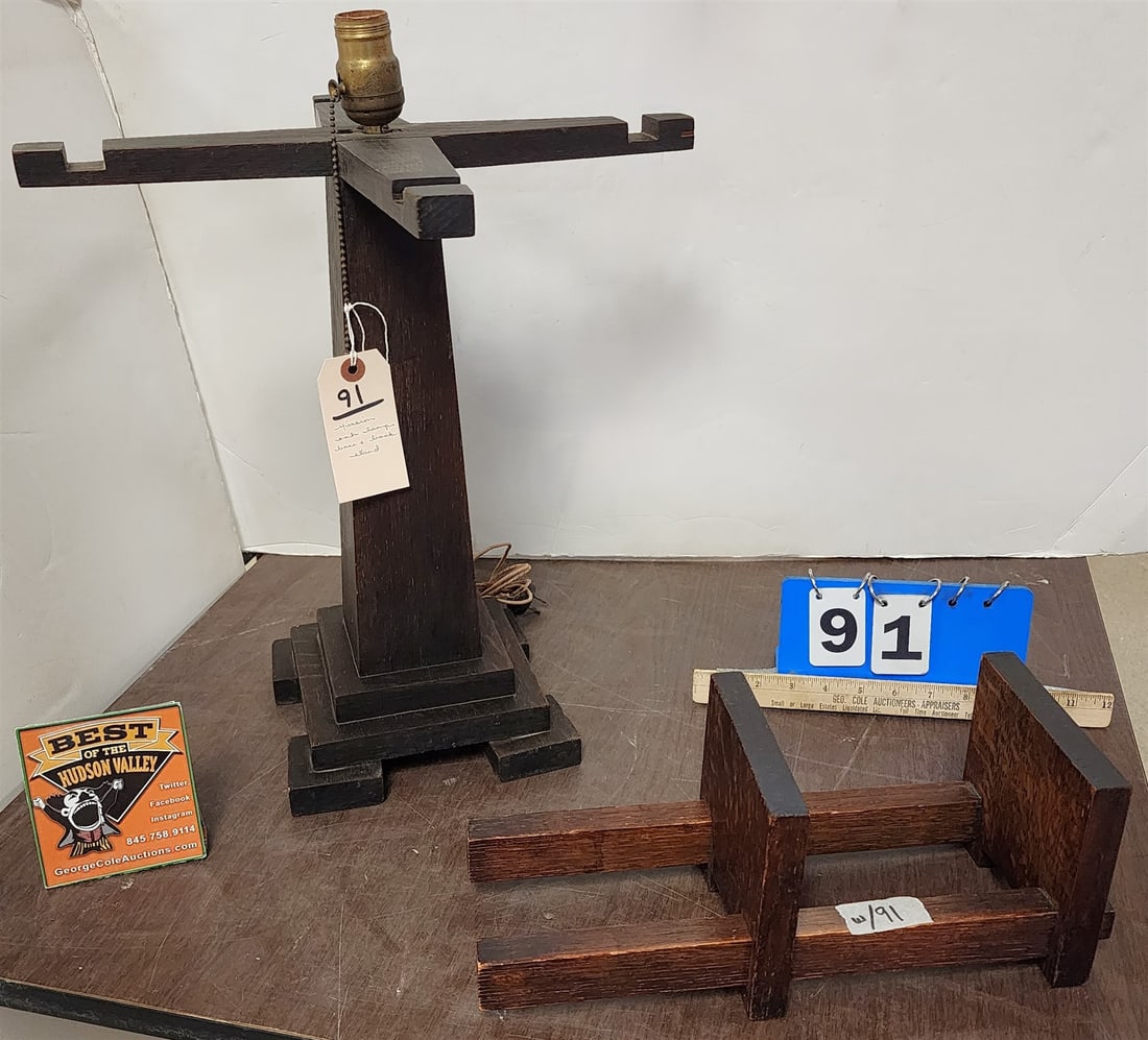 Mission Oak Table Lamp Base 20"H X 16" Diam + Adjustable Book Stand 5 1/2"H X 14"W X  5 1/2"D (1 of 3)