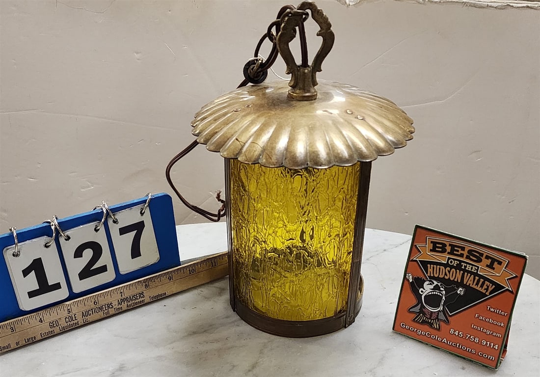 Brass And Amber Glass Lantern 12"H X 7 1/2" Diam: Brass And Amber Glass Lantern 12"H X 7 1/2" Diam