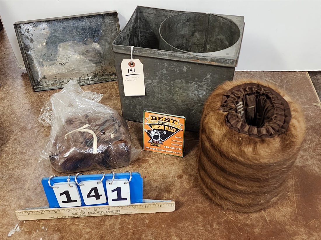 19th C Tin Muff + Collar Bx W/ Mink Muff + Collars 9"H X 10 1/2"W X 7 1/2"D (1 of 3)