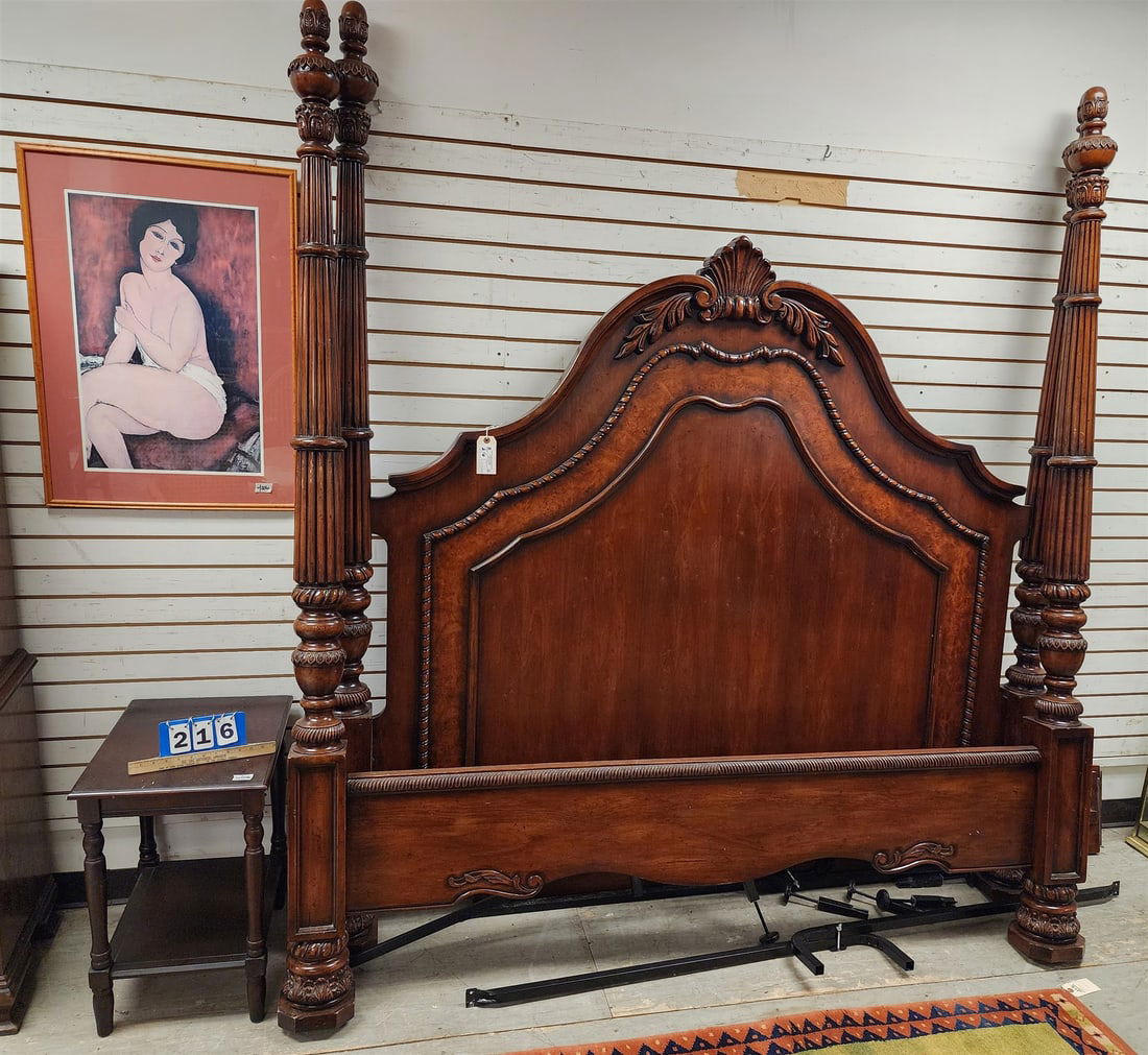 Cherry King Poster Bed 7'6"H X 81 1'2"W w/ Side stand + Framed Modigleane Print (1 of 2)