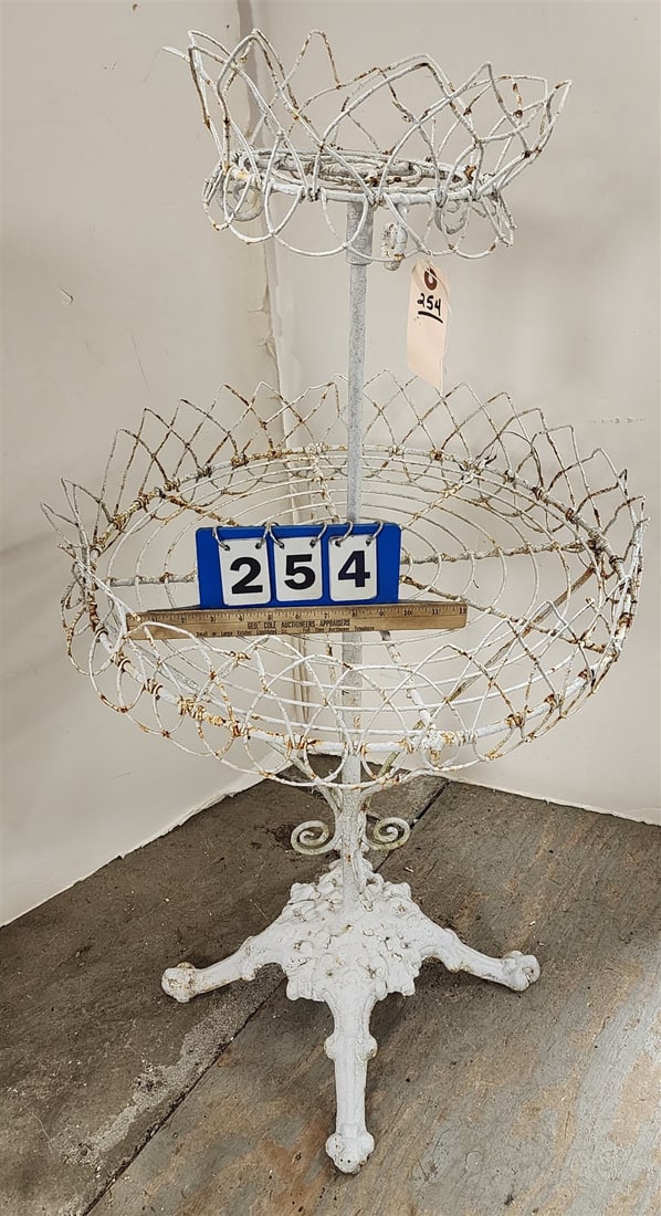 19th C Cast Iron Base Wire 2 Tier Plant Stand 45"H X 23" Diam (1 of 2)