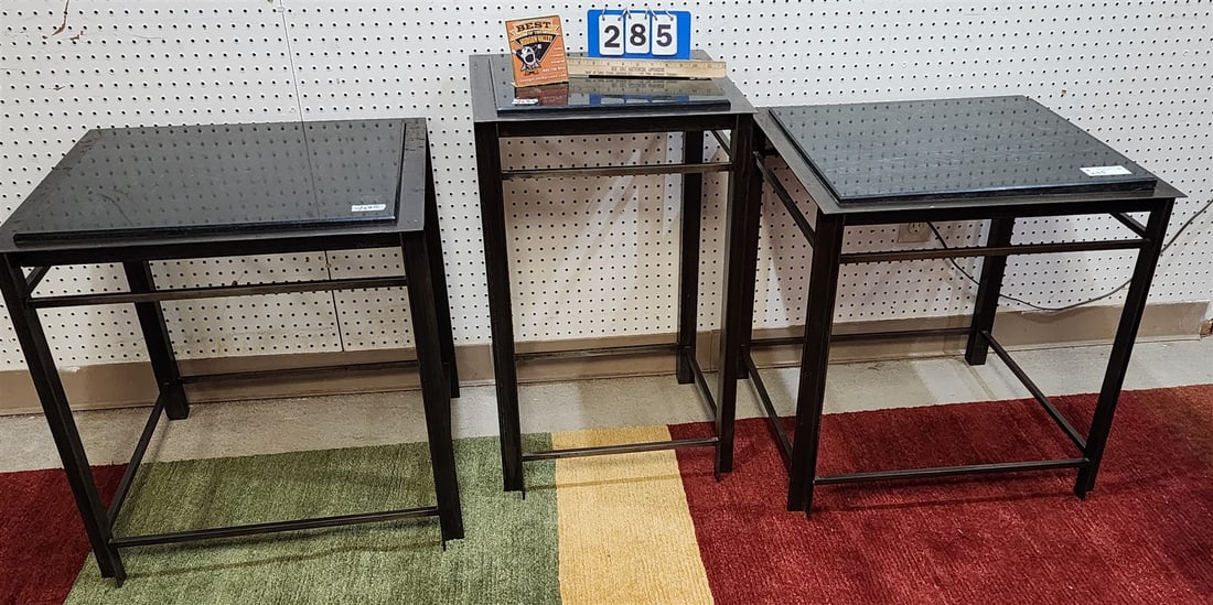 Lot 3 Pc Steel + Marble Top Stands Pr 24 1/2"H X 24" Sq + 29"H X 18"Sq (1 of 3)