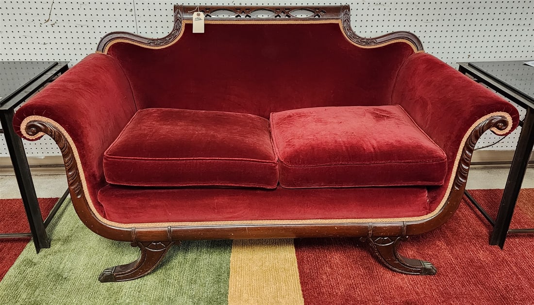 Duncan Phyfe Style Mahog  Frame Uphols Settee 34"H X 5'W X 22"D (1 of 3)