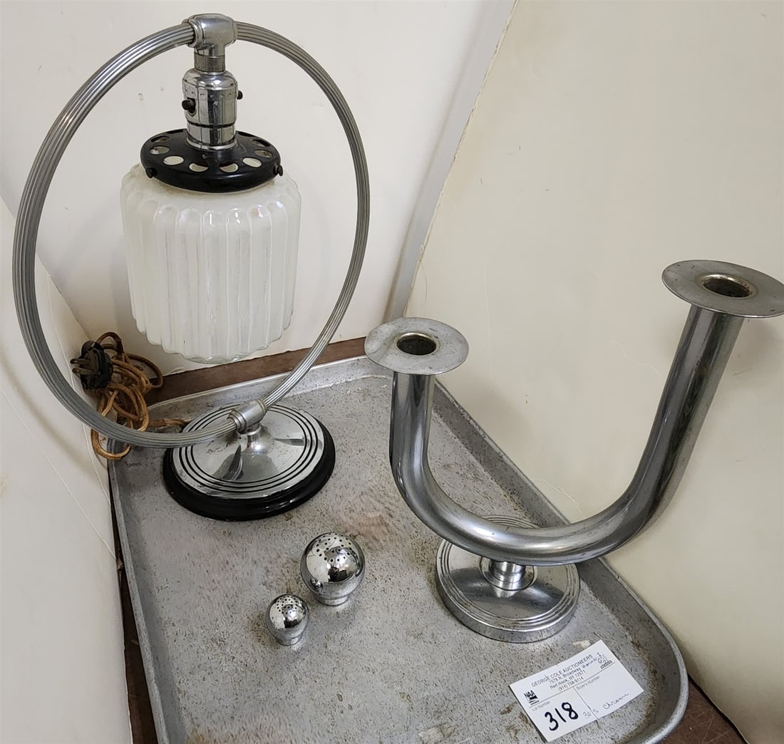 Tray 30's Chrome Table Lamp 14"H X 12"W, Candelabra 10"H X 8 1/2"W + 2 Chase salt & peps (1 of 2)