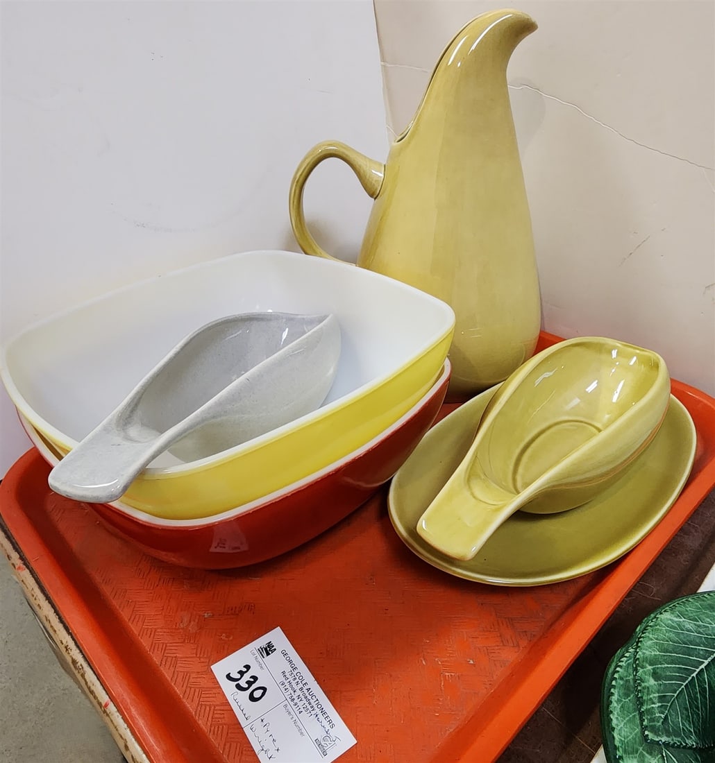 Tray 3 Pc Russel Wright- 11" Pitcher + Gravy Boat + Liner + Gravy Boat + 2 Pyrex Bowls 3 1/4"H X: Tray 3 Pc Russel Wright- 11" Pitcher + Gravy Boat + Liner + Gravy Boat + 2 Pyrex Bowls 3 1/4"H X 91/4" Sq