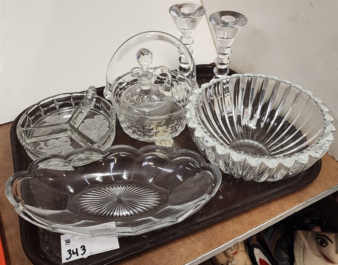 Tray Crystal- Tiffany Bowl 4"H X 9 1/4" Diam, Pr Candlesticks + Heisey bowl 2"H X 11 1/2"W X 6"D Etc (1 of 4)