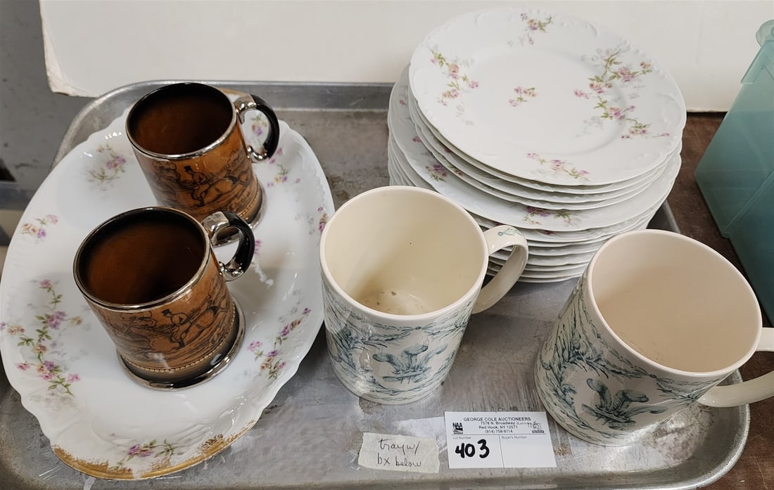 Tray 13 Pc Limoges, Pr Wedgwood Prince Charles + Diana Wedding Mugs 1981 + Pr Arthur Wood Ye Olde: Tray 13 Pc Limoges, Pr Wedgwood Prince Charles + Diana Wedding Mugs 1981 + Pr Arthur Wood Ye Olde Coaching Days Mugs, Bx China