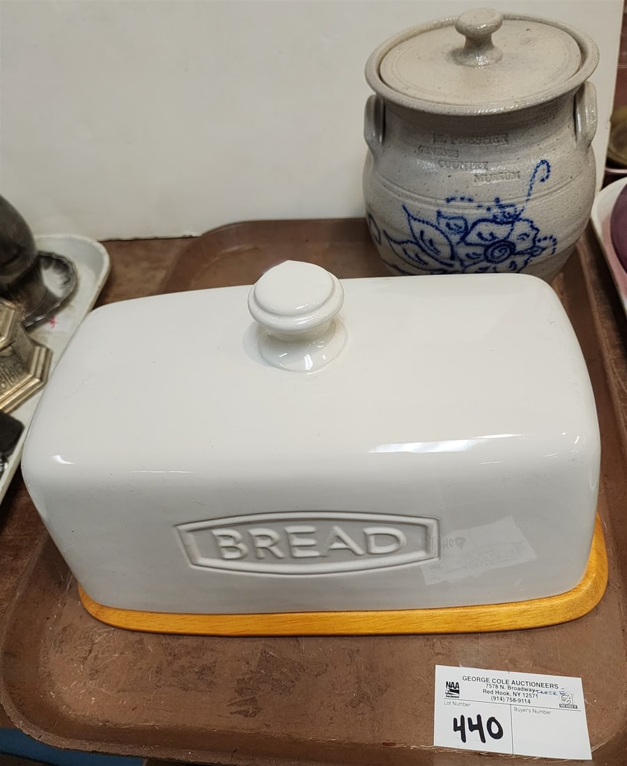 Tray Stoneware Genesee Country Museum M. Presher Covered Crock 8 1/2" + Stoneware Bread Safe: Tray Stoneware Genesee Country Museum M. Presher Covered Crock 8 1/2" + Stoneware Bread Safe