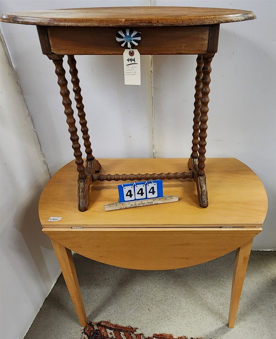 19th C Sausage Turned 1 Drawer Stand 26"H X 31"W X 18 1/2"D + Drop Leaf Table 29"H X 39"W X 22"D (1 of 4)