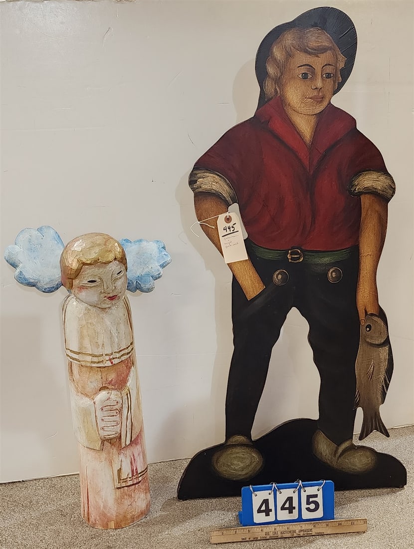 Folk Art Ptd Panel Fisherman 38"H X 19"W + Wooden Angel 23": Folk Art Ptd Panel Fisherman 38"H X 19"W + Wooden Angel 23"