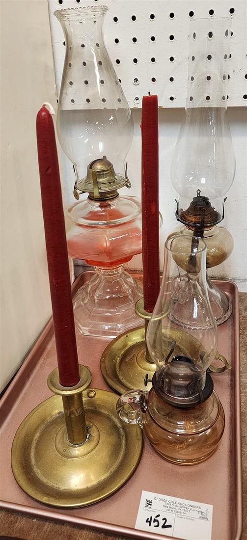 Tray Pr 18th C Brass Chambersticks + 3 Oil Lamps (1 of 1)