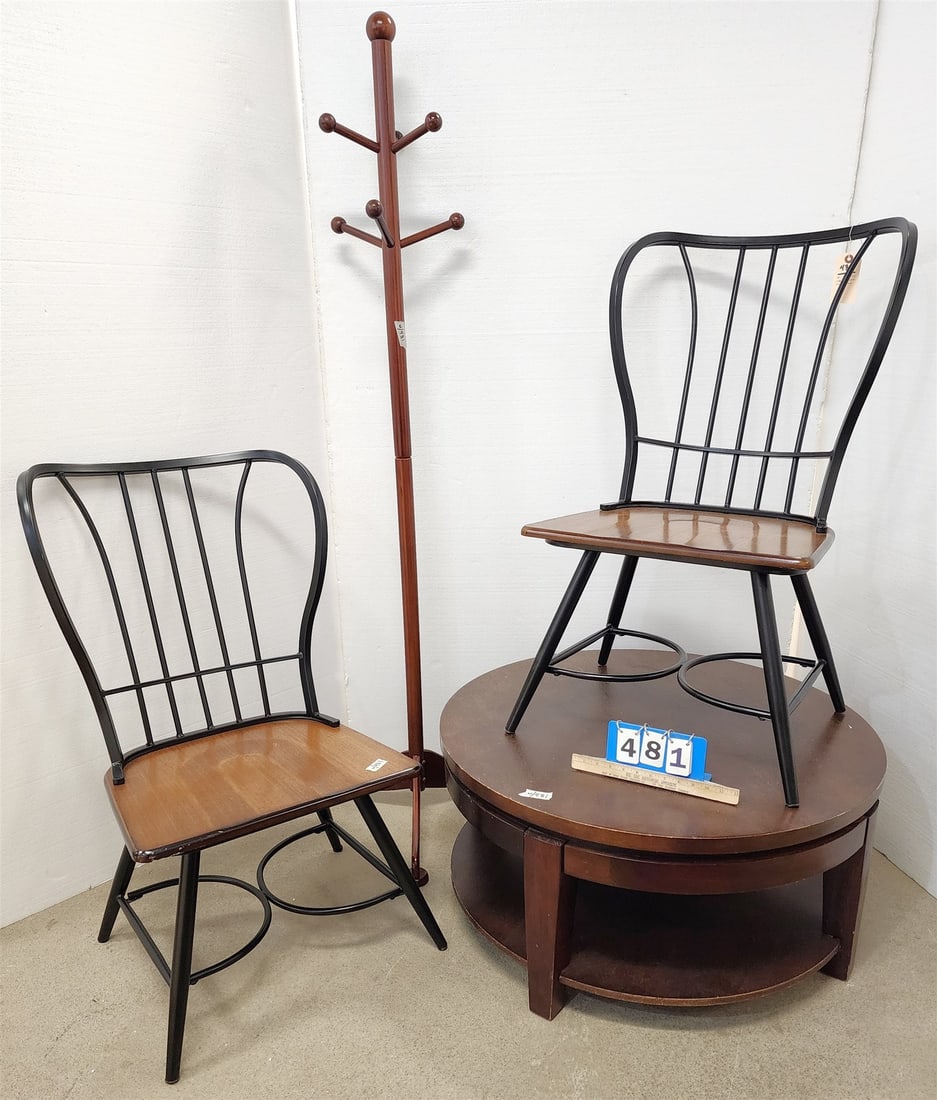 Lot 4 Pc- Pr Metal Frame Wood Seat Chairs 38"H X 21"W X 16 1/2"D, Coffee Table 17"H X 35 1/2"Diam + (1 of 2)