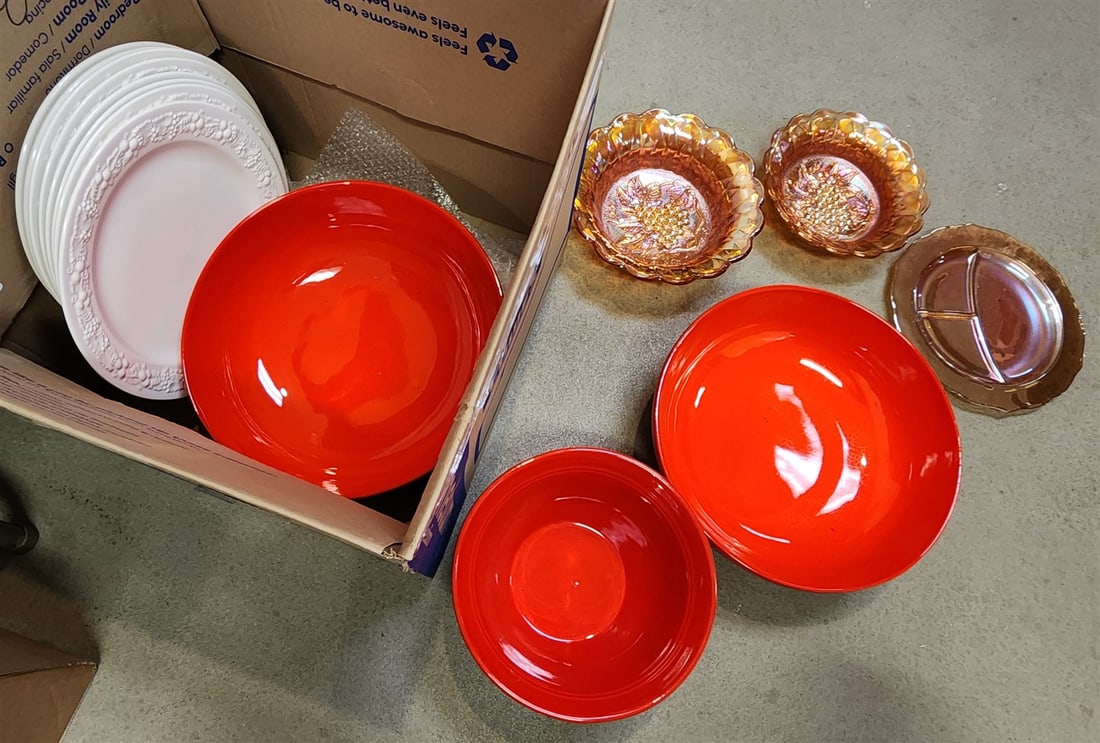 Bx 3 Red Ceramic Bowls 4 1/2"H X 14" Diam, 5 1/2"H X 10" Diam, 8 Plates 12" Diam + Carnival Glass (1 of 5)