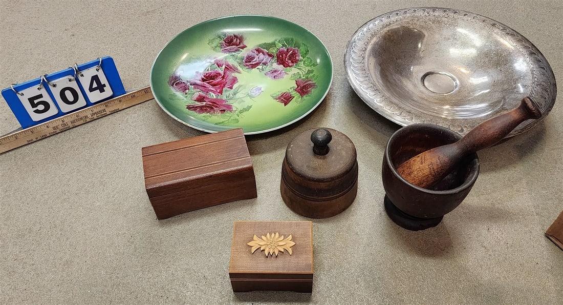Bx Prim Wooden Mortar + Pestle, 2 Mosaic Bx's, 13 1/2" Diam, Porcelain Charger, Silverplate Charger (1 of 4)