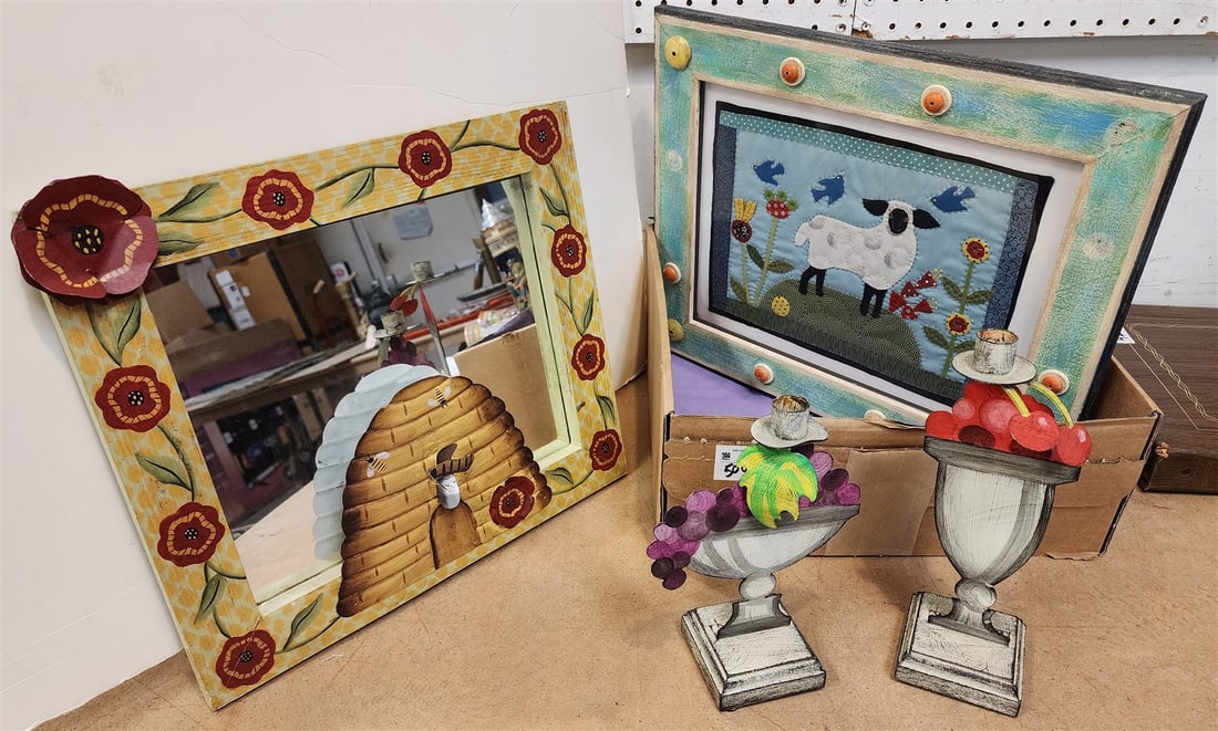 Bx Folk Art Ptd W/ Metal Applique Mirror 14" X16", Framed Quilted Picture, Framed Reverse Ptd Glass (1 of 5)