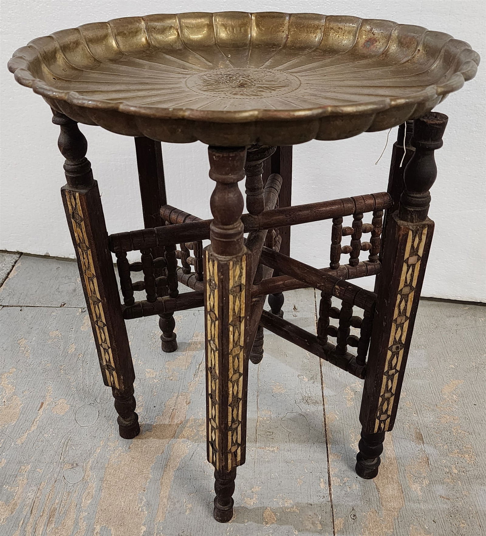 Mid East Inlaid Folding Stand W/ Brass Tray Top 18 1/2"H X 16" Diam (1 of 4)