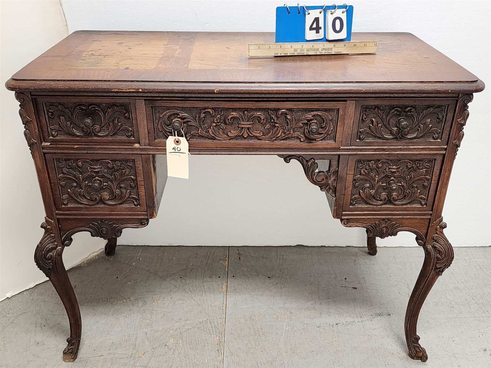 Carved Mahog Flat Top Desk 30"H X 38"W X 20"D (1 of 5)