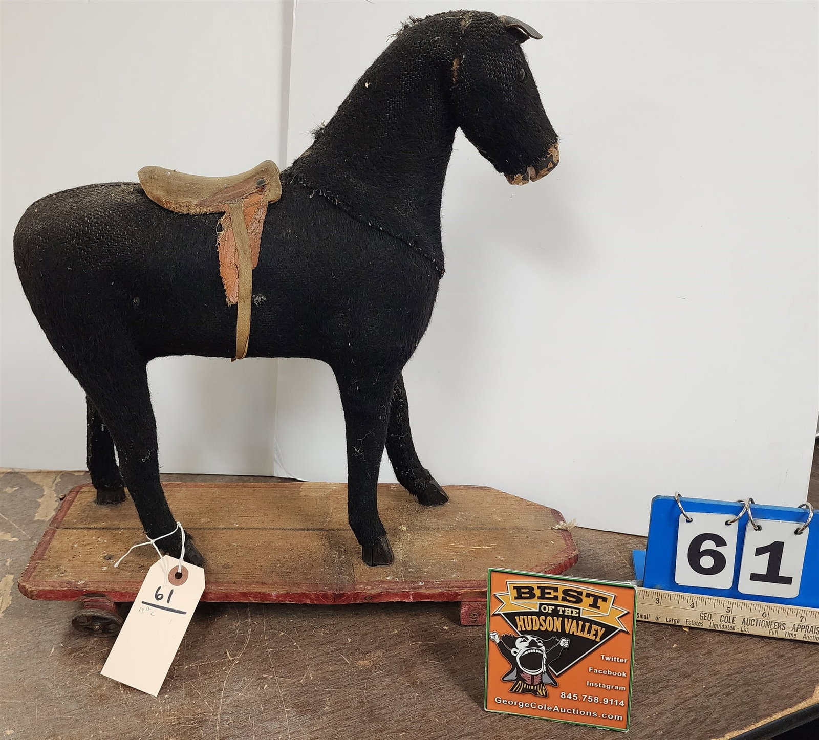 19th C Mohair Covered Horse Pulll Toy 16 1/2"H X 18"L X 6"W: 19th C Mohair Covered Horse Pulll Toy 16 1/2"H X 18"L X 6"W