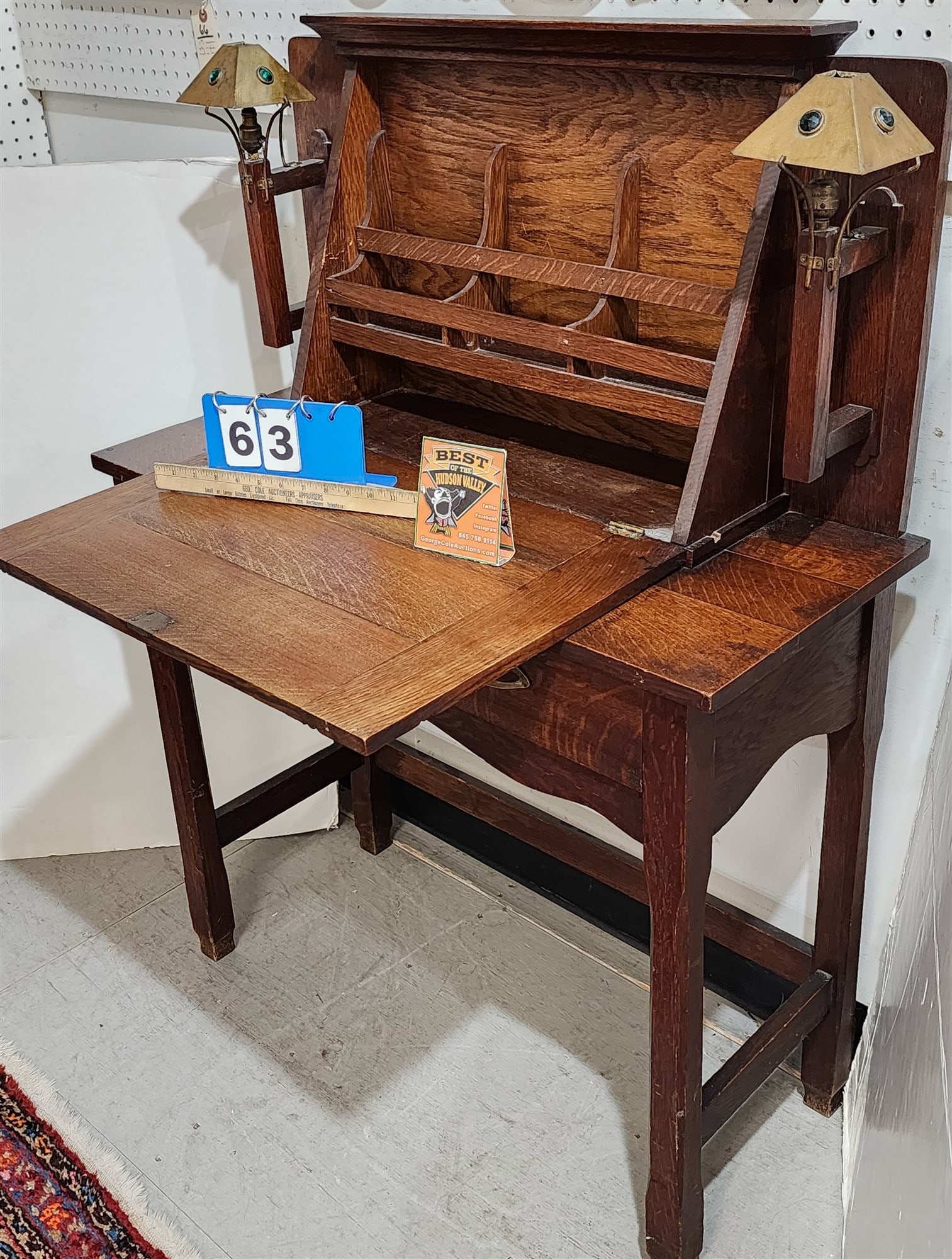 Arts + Crafts Oak Slant Front Desk W/ Pr Sconces W/ Brass + Jewel Studded Shades (1 of 6)